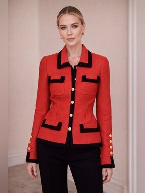 Vintage Chanel 80s tweed Red Black Hold Logo Blazer Jacket FR 38